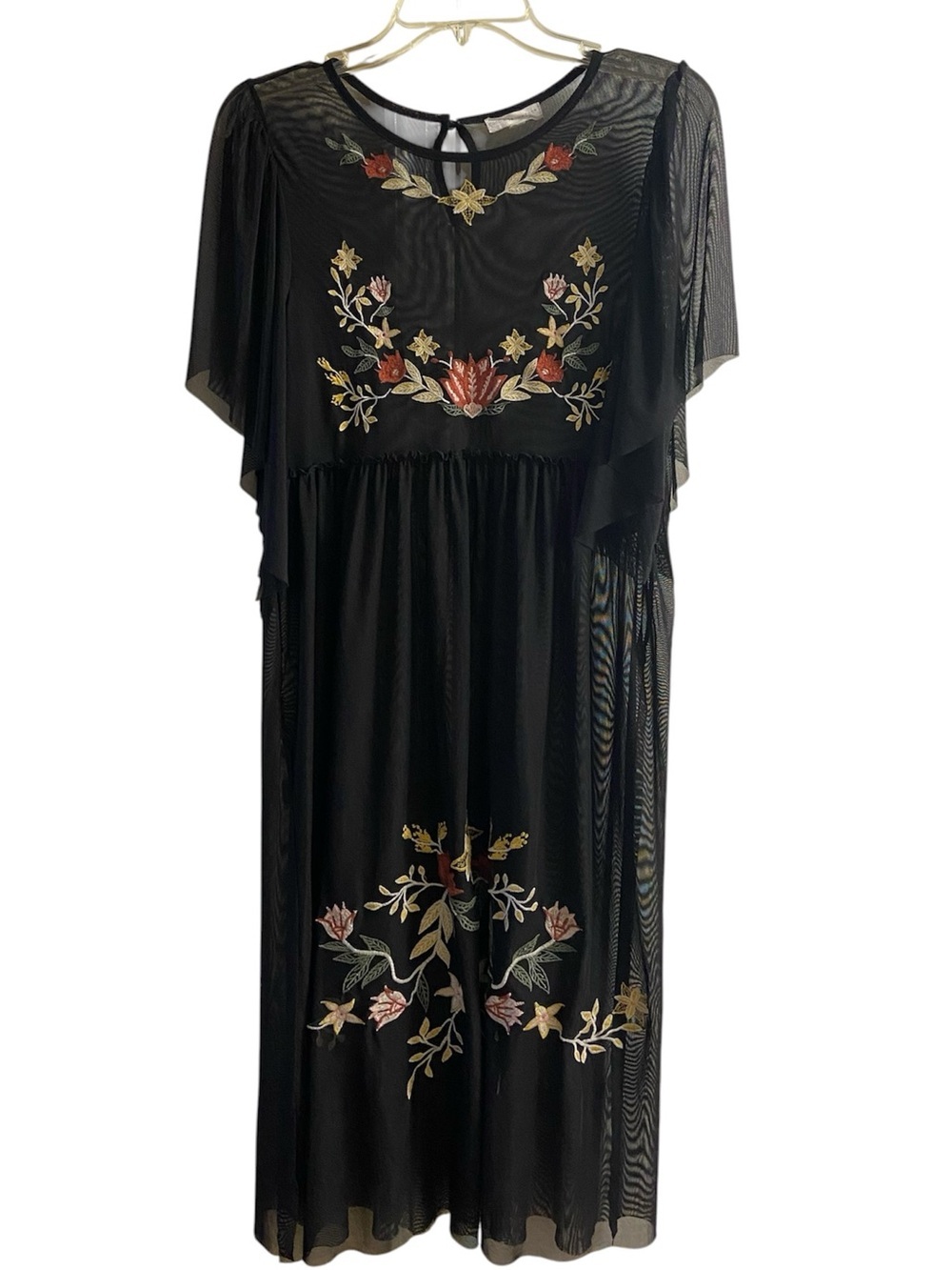 Coco+ Jaimeson Black Mesh Embroidered Floral Midi Dress  Flutter Sleeve Small